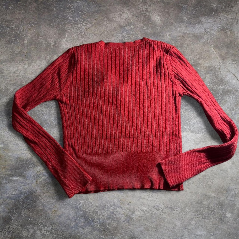 Unbranded Red Ribbed Knit Henley Long Sleeve Sweater Top Y2K 90s Minimalist - Picture 2 of 4